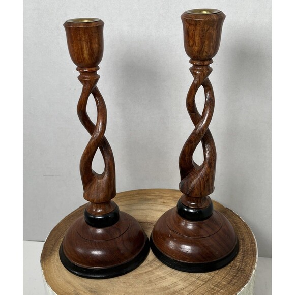 Pair Of Vintage Carved Wood Barley Twist Multi Tone Candlesticks 12” - Picture 1 of 10